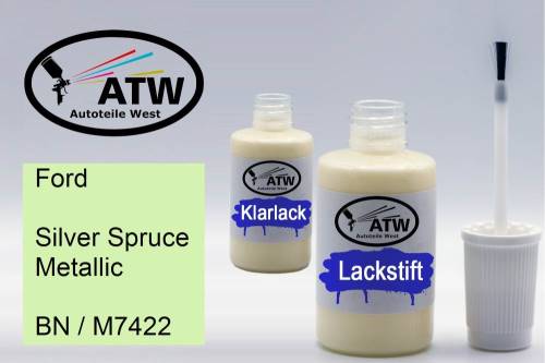 Ford, Silver Spruce Metallic, BN / M7422: 20ml Lackstift + 20ml Klarlack - Set, von ATW Autoteile West.
